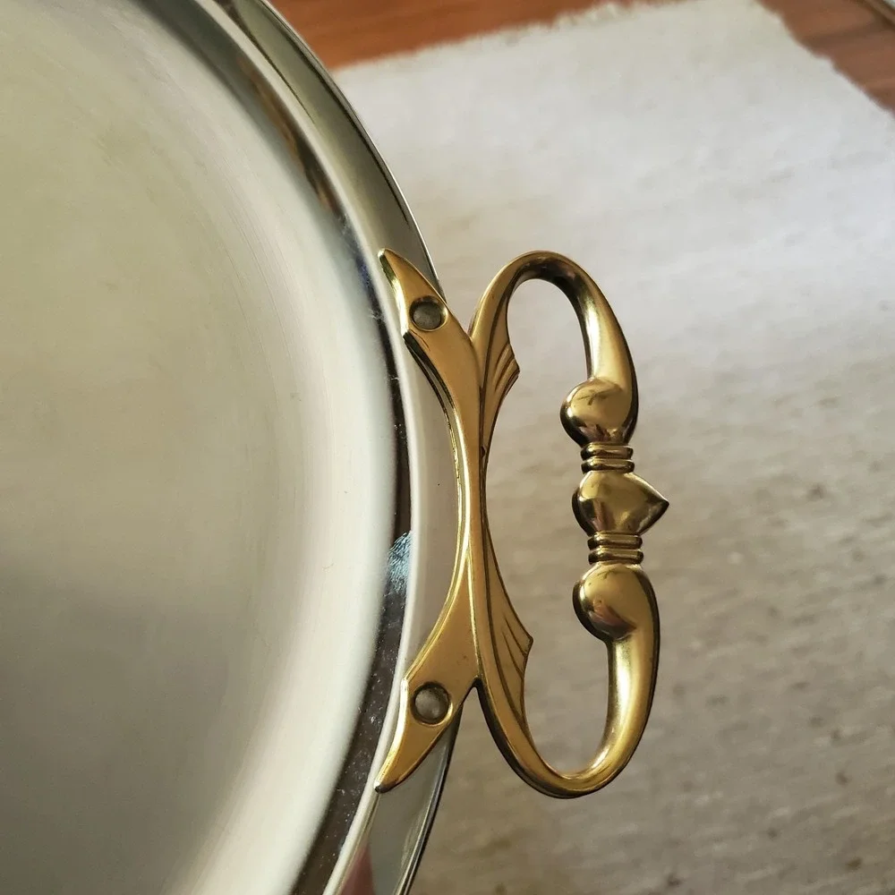 2 VTG Kromex Chrome Serving Trays Gold Handles‎ Mid Century Modern Round Oblong